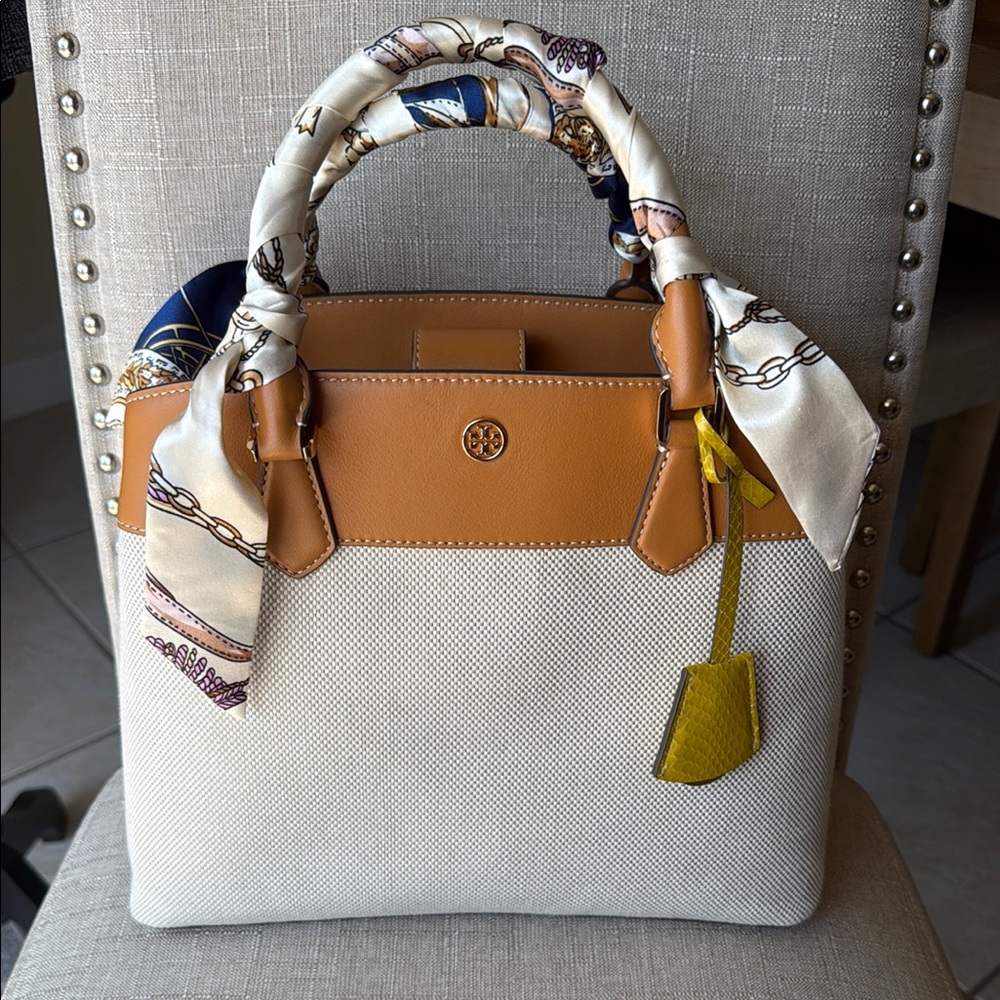 Tory Burch Tan and Cream Satchel with Scarf Accent